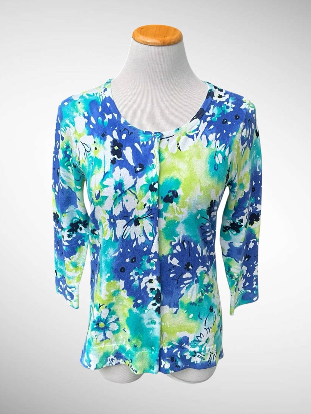 Studio Works Colorful Floral Print Buttonfront Cardigan 3/4-Sleeves